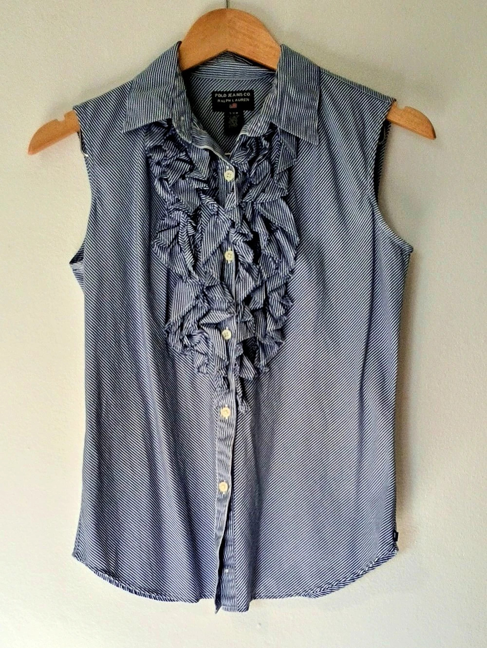 Polo Jeans Co. Ralph Lauren Striped Ruffle Front Top in Blue & White Small